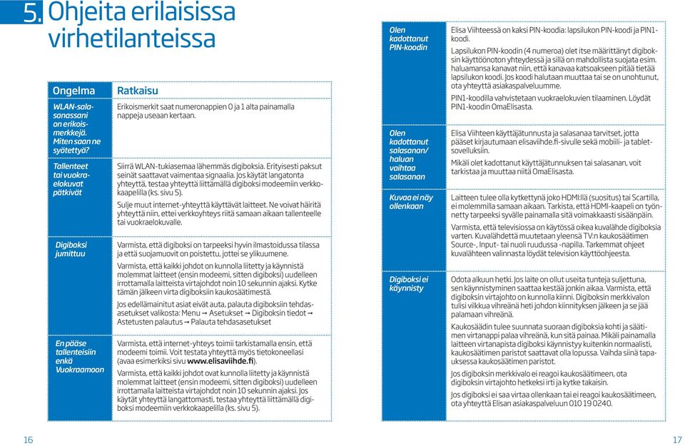 Erityisesti paksut seinät saattavat vaimentaa signaalia. Jos käytät langatonta yhteyttä, testaa yhteyttä liittämällä digiboksi modeemiin verkkokaapelilla (ks. sivu 5).