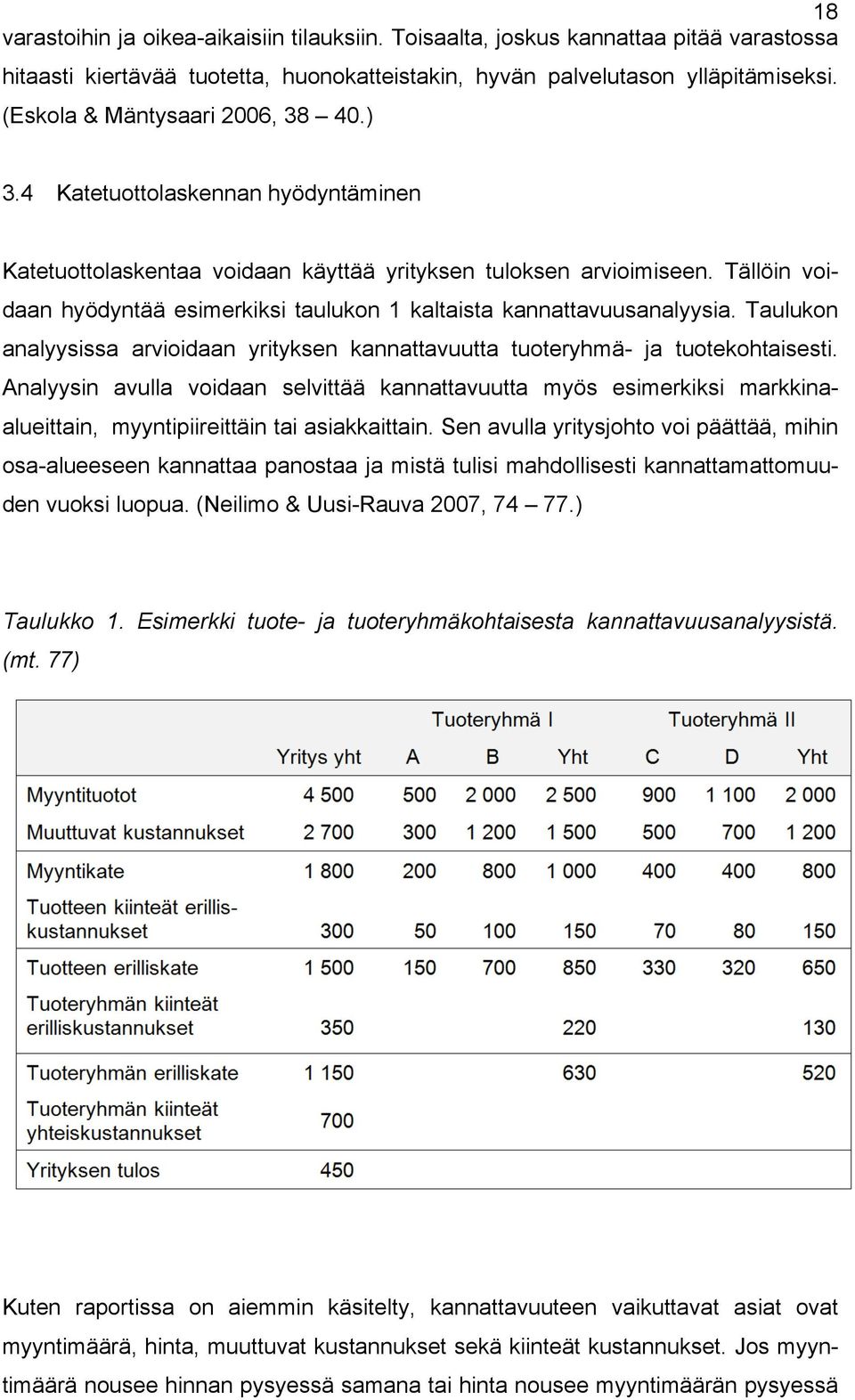 Tällöin voidaan hyödyntää esimerkiksi taulukon 1 kaltaista kannattavuusanalyysia. Taulukon analyysissa arvioidaan yrityksen kannattavuutta tuoteryhmä- ja tuotekohtaisesti.