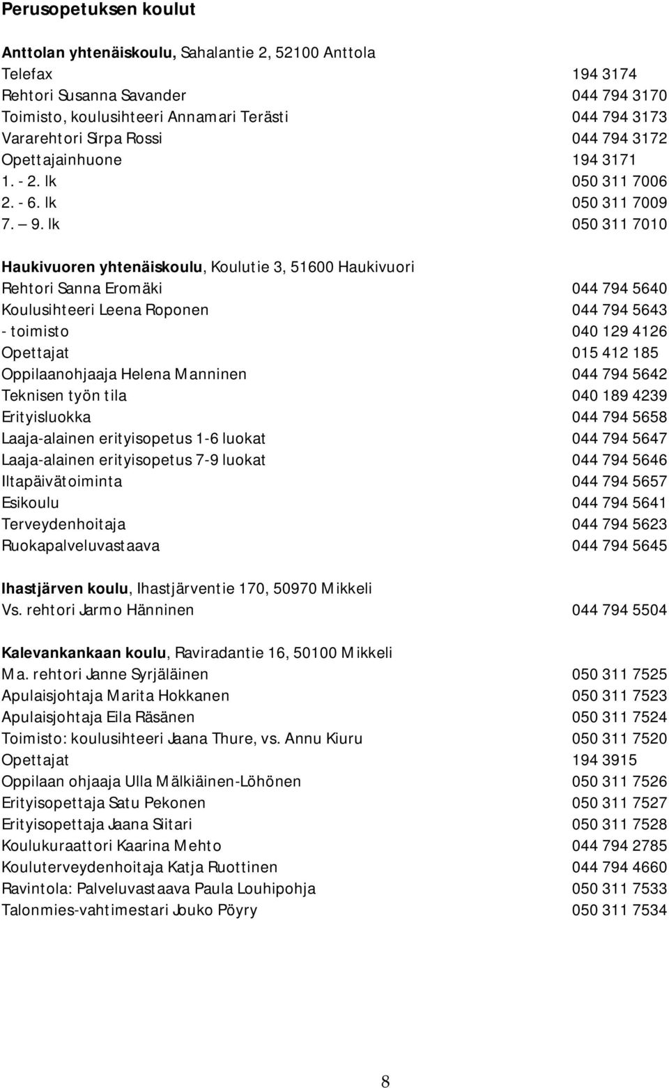 lk 050 311 7010 Haukivuoren yhtenäiskoulu, Koulutie 3, 51600 Haukivuori Rehtori Sanna Eromäki 044 794 5640 Koulusihteeri Leena Roponen 044 794 5643 - toimisto 040 129 4126 Opettajat 015 412 185