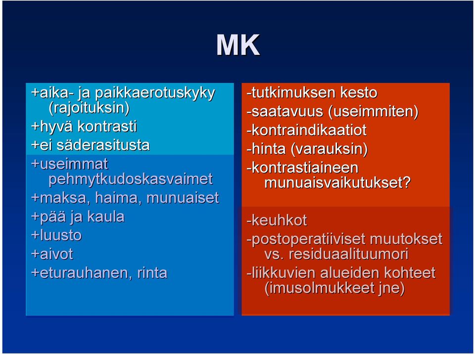 -tutkimuksen kesto -saatavuus (useimmiten) -kontraindikaatiot -hinta (varauksin) -kontrastiaineen
