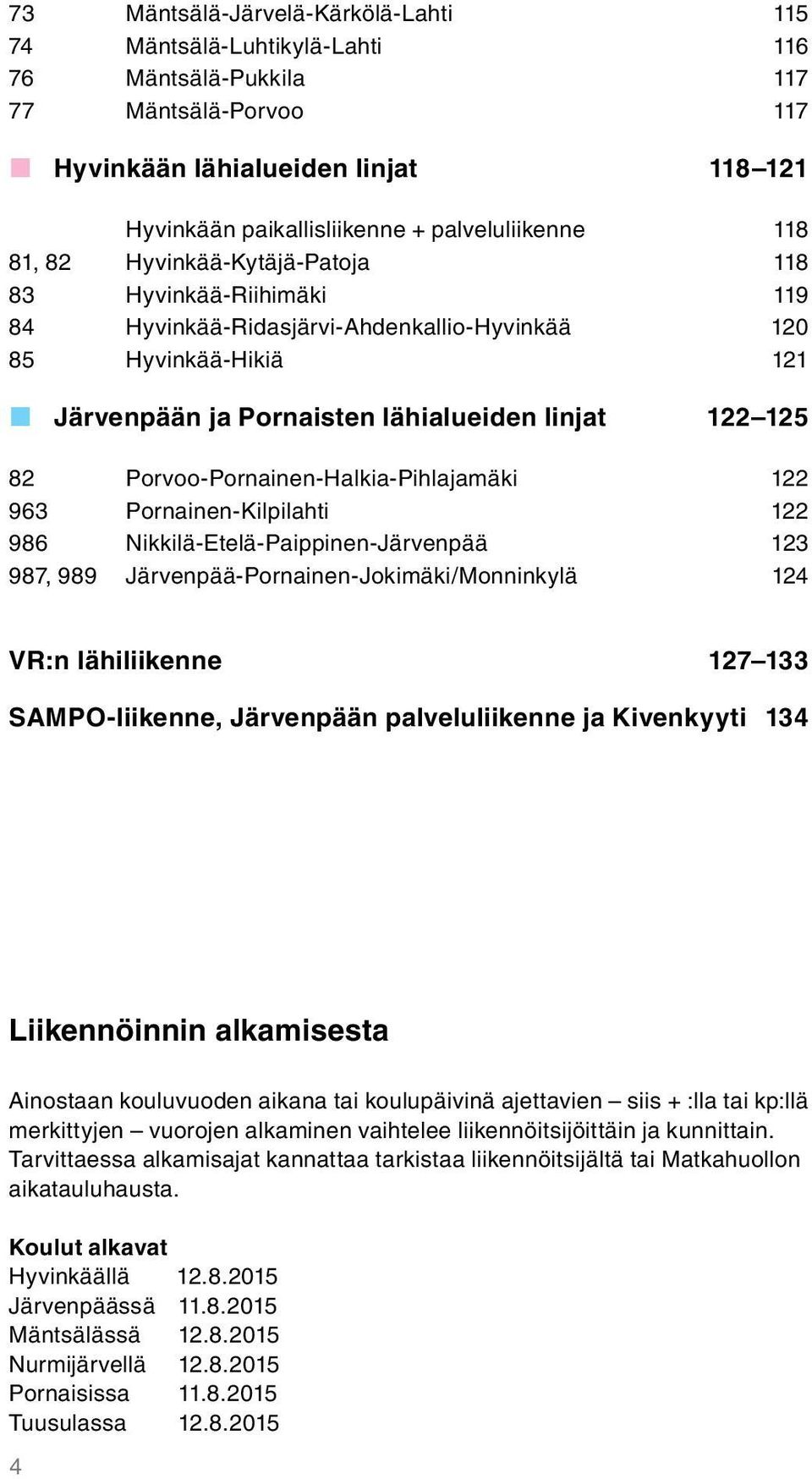 125 82 Porvoo-Pornainen-Halkia-Pihlajamäki 122 963 Pornainen-Kilpilahti 122 986 Nikkilä-Etelä-Paippinen-Järvenpää 123 987, 989 Järvenpää-Pornainen-Jokimäki/Monninkylä 124 VR:n lähiliikenne 127 133