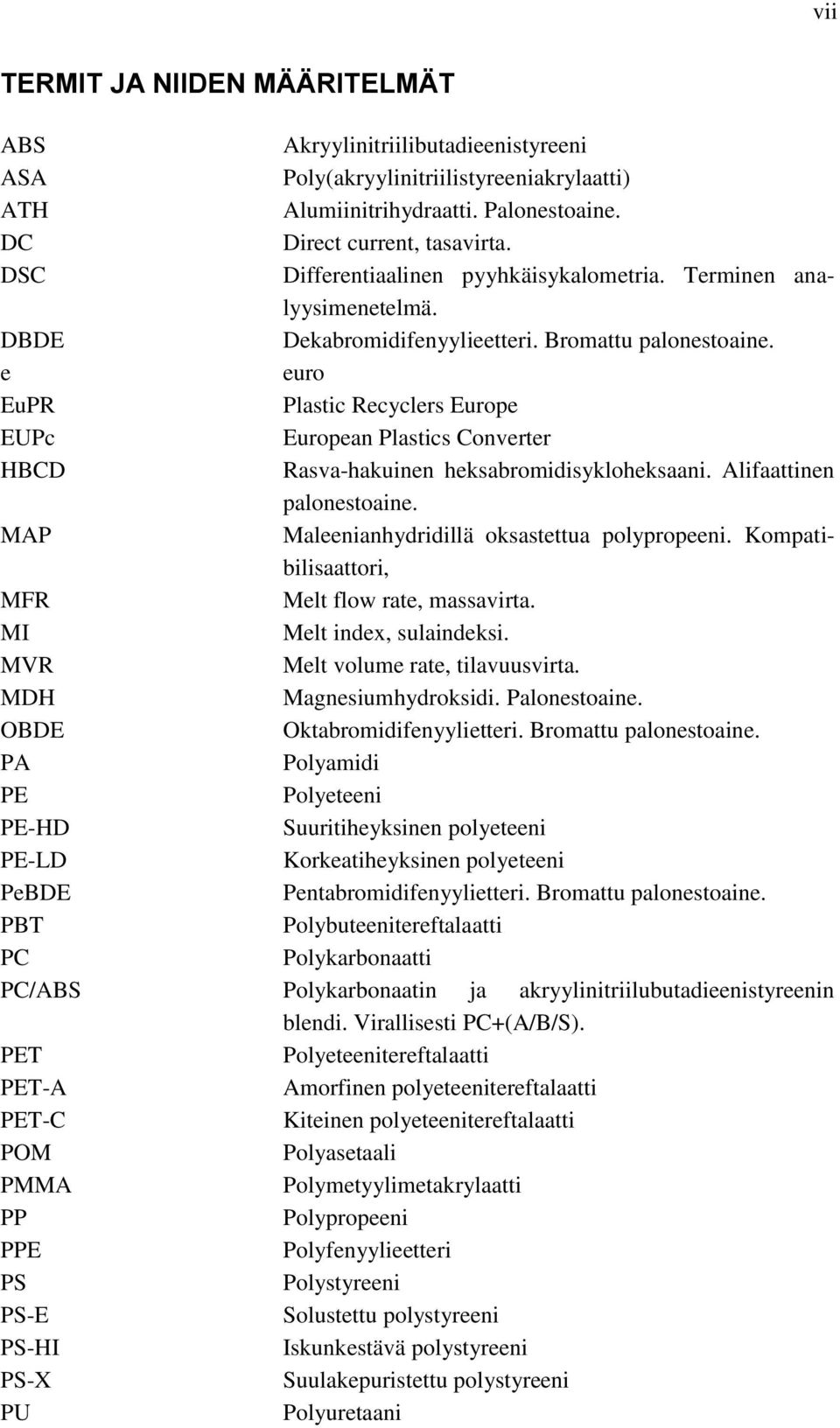 e euro EuPR Plastic Recyclers Europe EUPc European Plastics Converter HBCD Rasva-hakuinen heksabromidisykloheksaani. Alifaattinen palonestoaine. MAP Maleenianhydridillä oksastettua polypropeeni.