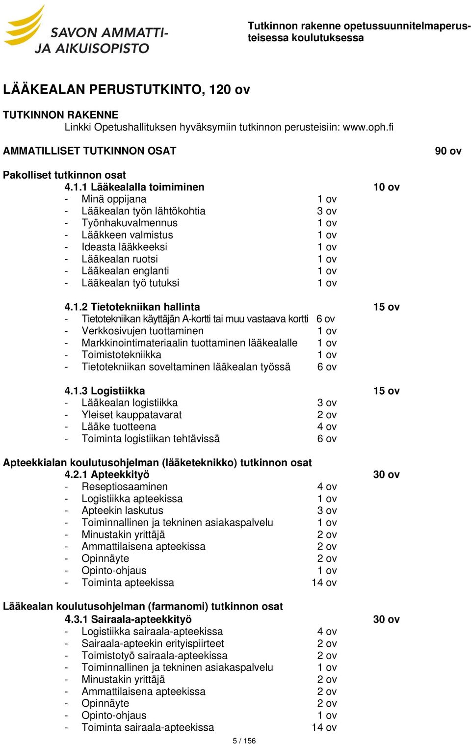 1 Lääkealalla toimiminen 10 ov - Minä oppijana 1 ov - Lääkealan työn lähtökohtia 3 ov - Työnhakuvalmennus 1 ov - Lääkkeen valmistus 1 ov - Ideasta lääkkeeksi 1 ov - Lääkealan ruotsi 1 ov - Lääkealan