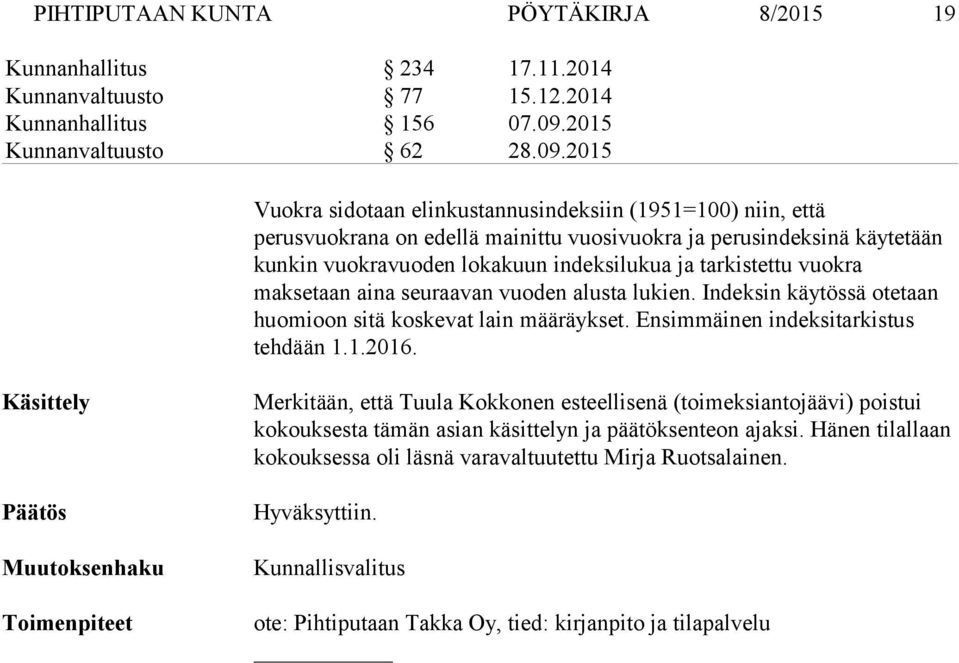 2015 Vuokra sidotaan elinkustannusindeksiin (1951=100) niin, että perusvuokrana on edellä mainittu vuosivuokra ja perusindeksinä käytetään kunkin vuokravuoden lokakuun indeksilukua ja tarkistettu