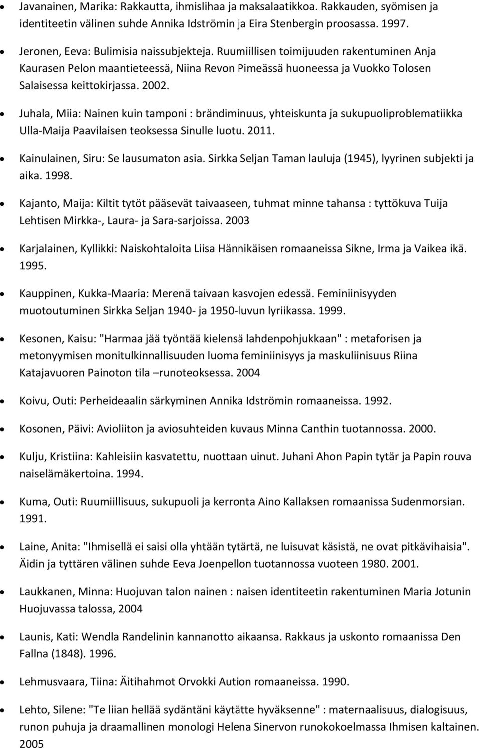 Juhala, Miia: Nainen kuin tamponi : brändiminuus, yhteiskunta ja sukupuoliproblematiikka Ulla-Maija Paavilaisen teoksessa Sinulle luotu. 2011. Kainulainen, Siru: Se lausumaton asia.