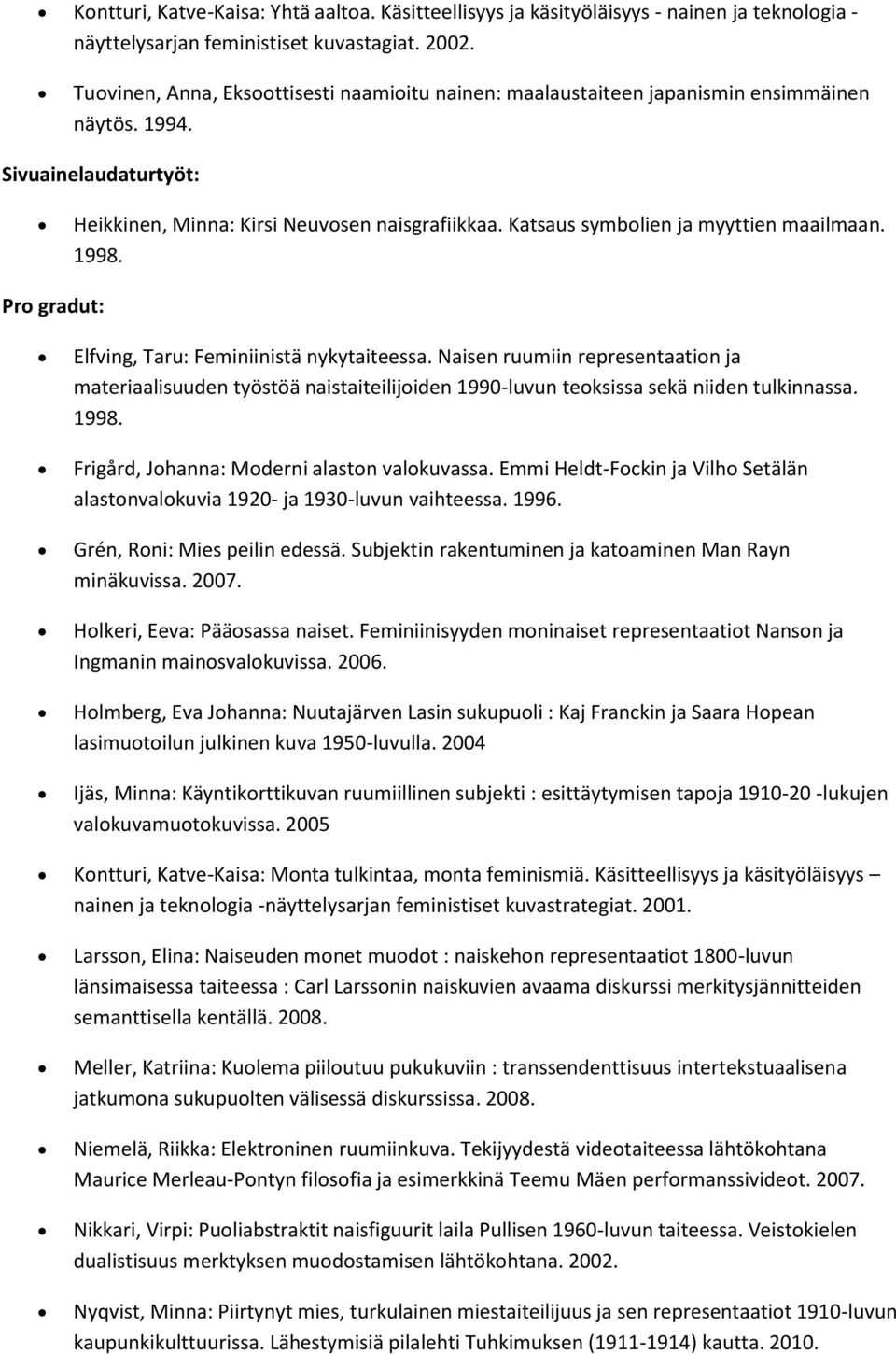 Katsaus symbolien ja myyttien maailmaan. 1998. Elfving, Taru: Feminiinistä nykytaiteessa.