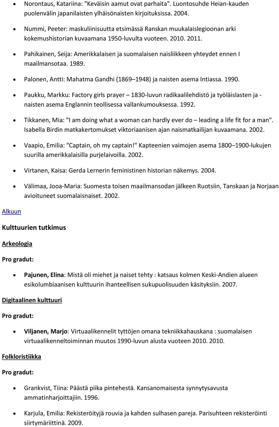 Pahikainen, Seija: Amerikkalaisen ja suomalaisen naisliikkeen yhteydet ennen I maailmansotaa. 1989. Palonen, Antti: Mahatma Gandhi (1869 1948) ja naisten asema Intiassa. 1990.