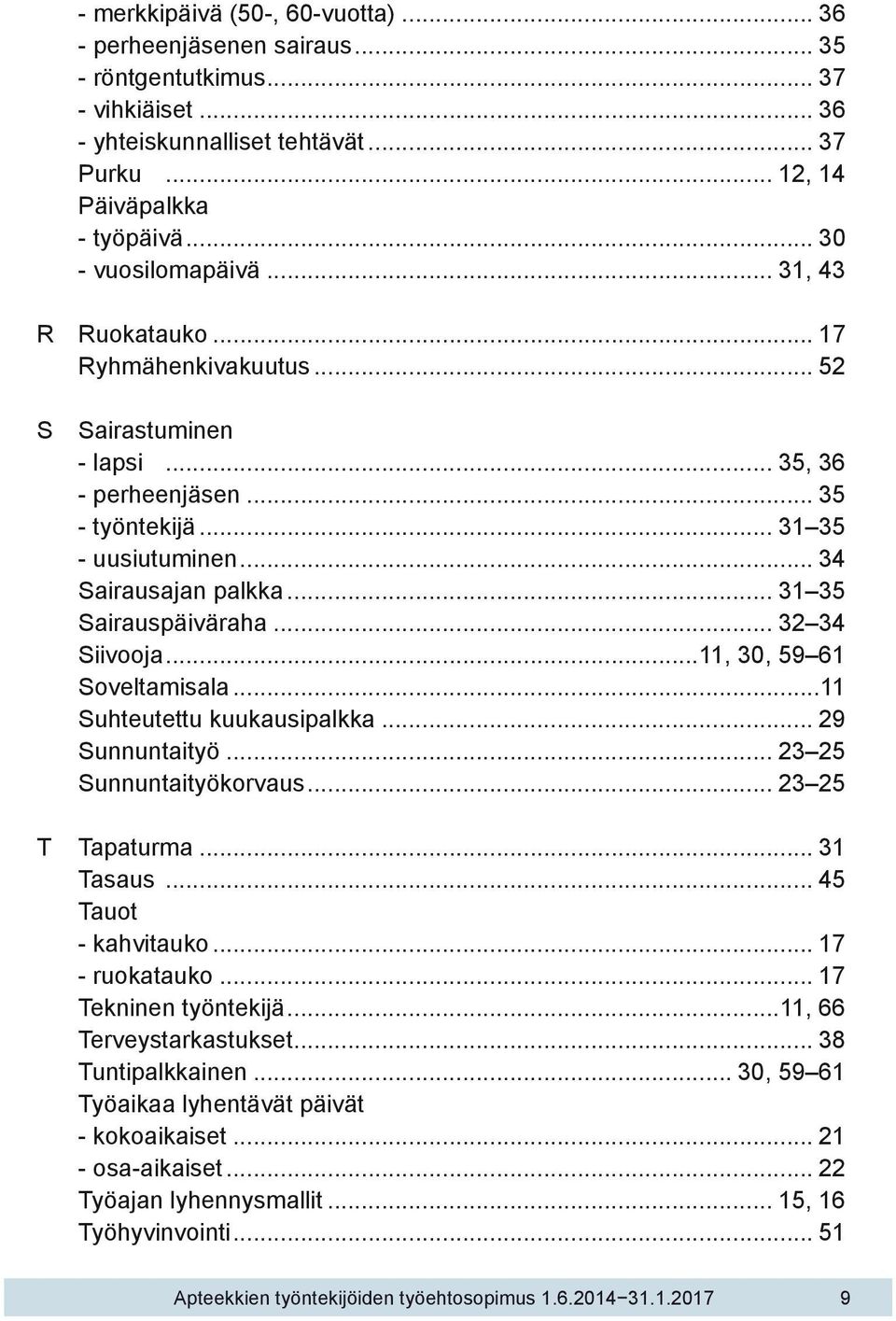 .. 31 35 Sairauspäiväraha... 32 34 Siivooja...11, 30, 59 61 Soveltamisala...11 Suhteutettu kuukausipalkka... 29 Sunnuntaityö... 23 25 Sunnuntaityökorvaus... 23 25 T Tapaturma... 31 Tasaus.