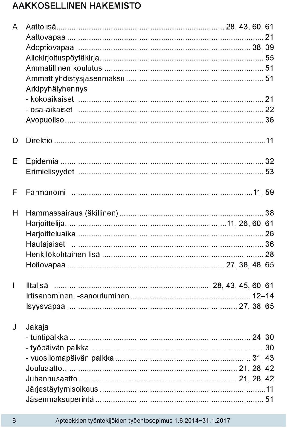 .. 38 Harjoittelija...11, 26, 60, 61 Harjoitteluaika... 26 Hautajaiset... 36 Henkilökohtainen lisä... 28 Hoitovapaa... 27, 38, 48, 65 I Iltalisä... 28, 43, 45, 60, 61 Irtisanominen, -sanoutuminen.