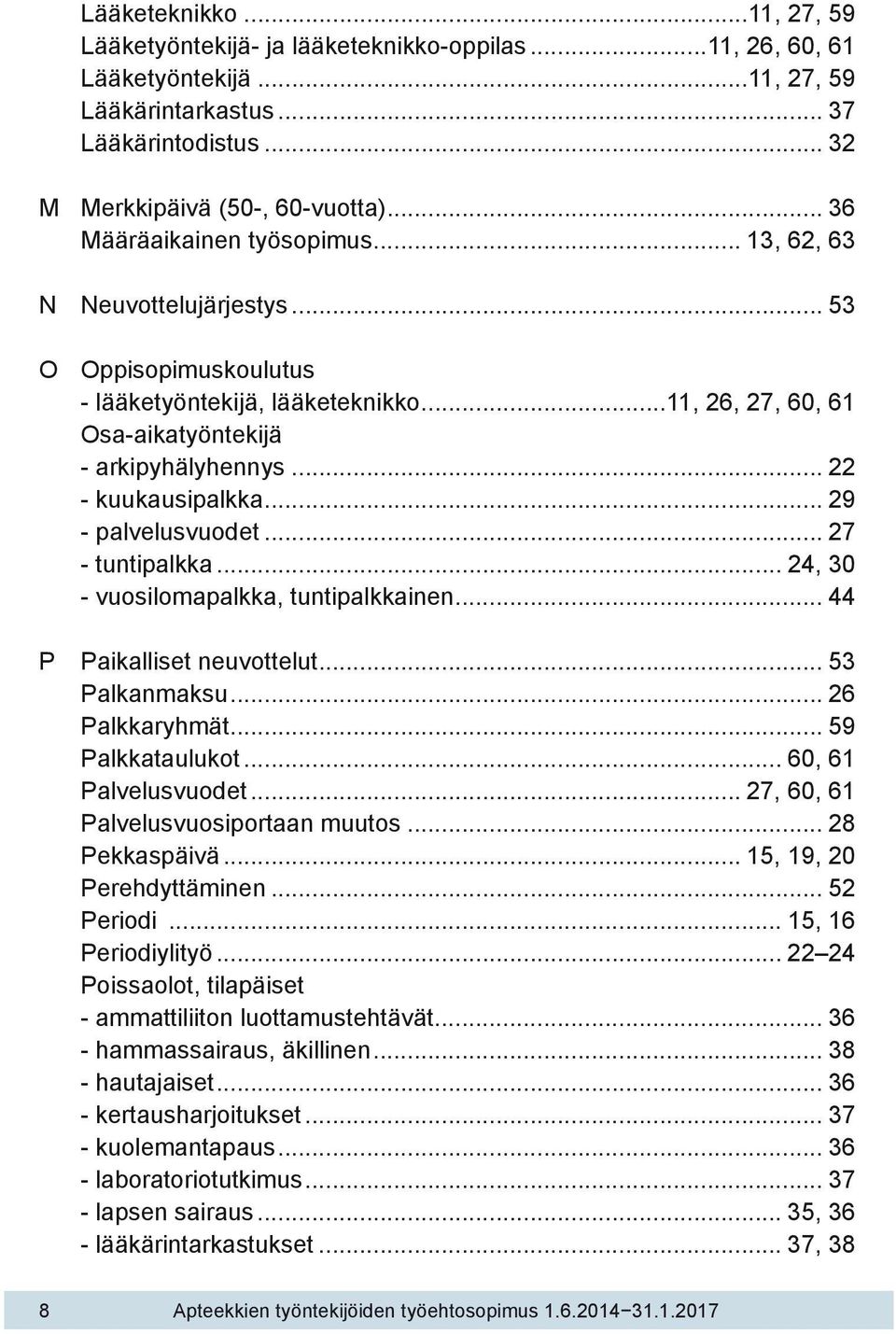 .. 22 - kuukausipalkka... 29 - palvelusvuodet... 27 - tuntipalkka... 24, 30 - vuosilomapalkka, tuntipalkkainen... 44 P Paikalliset neuvottelut... 53 Palkanmaksu... 26 Palkkaryhmät... 59 Palkkataulukot.