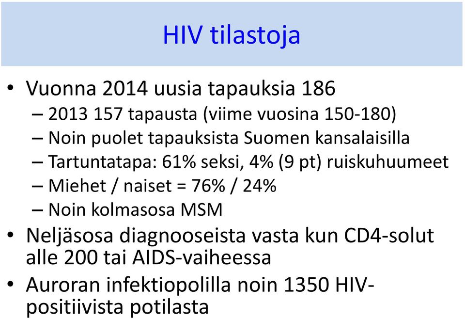 ruiskuhuumeet Miehet / naiset = 76% / 24% Noin kolmasosa MSM Neljäsosa diagnooseista