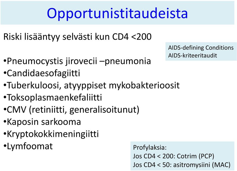 (retiniitti, generalisoitunut) Kaposin sarkooma Kryptokokkimeningiitti Lymfoomat AIDS-defining