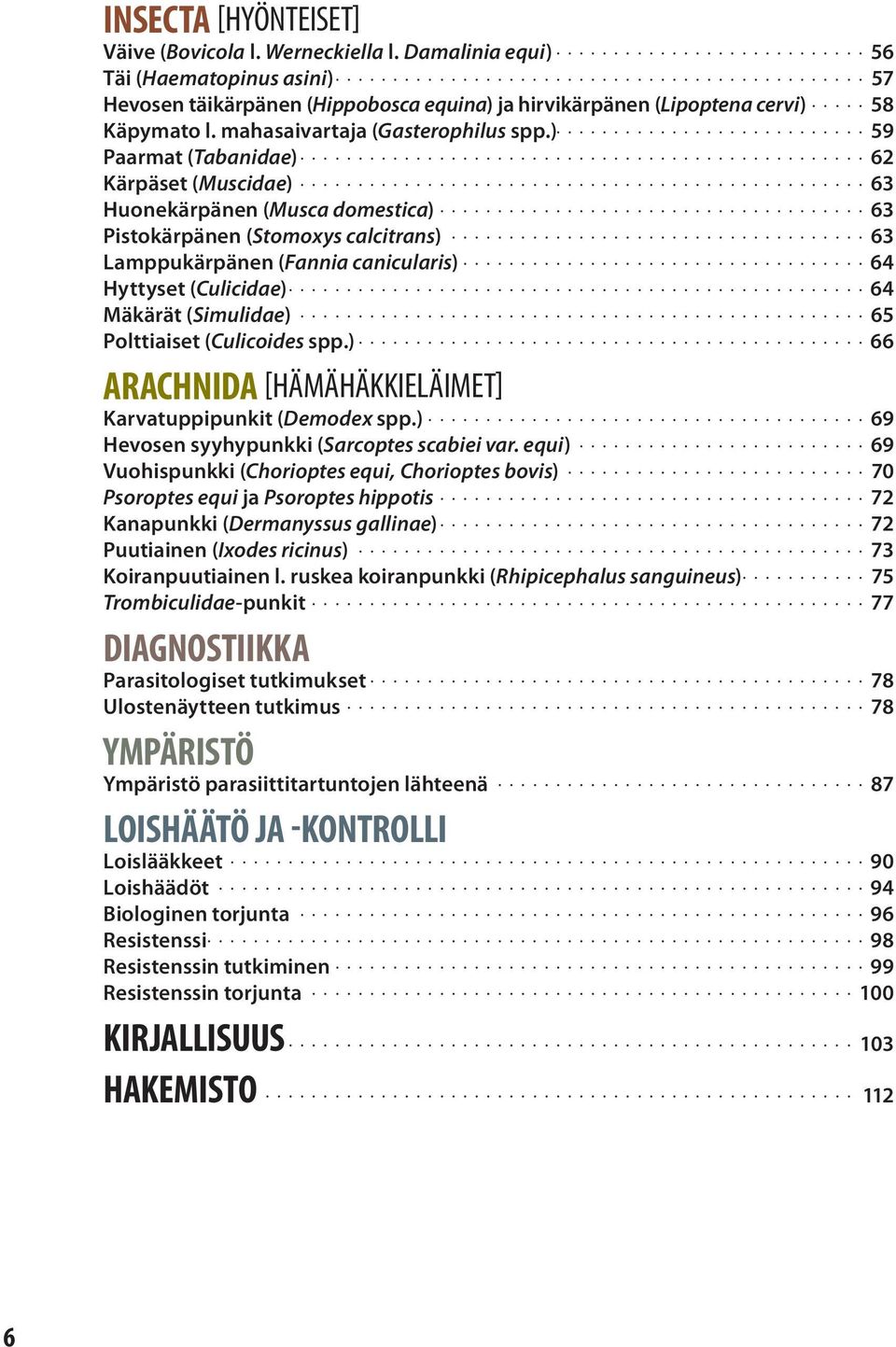 ) 59 Paarmat (Tabanidae) 62 Kärpäset (Muscidae) 63 Huonekärpänen (Musca domestica) 63 Pistokärpänen (Stomoxys calcitrans) 63 Lamppukärpänen (Fannia canicularis) 64 Hyttyset (Culicidae) 64 Mäkärät