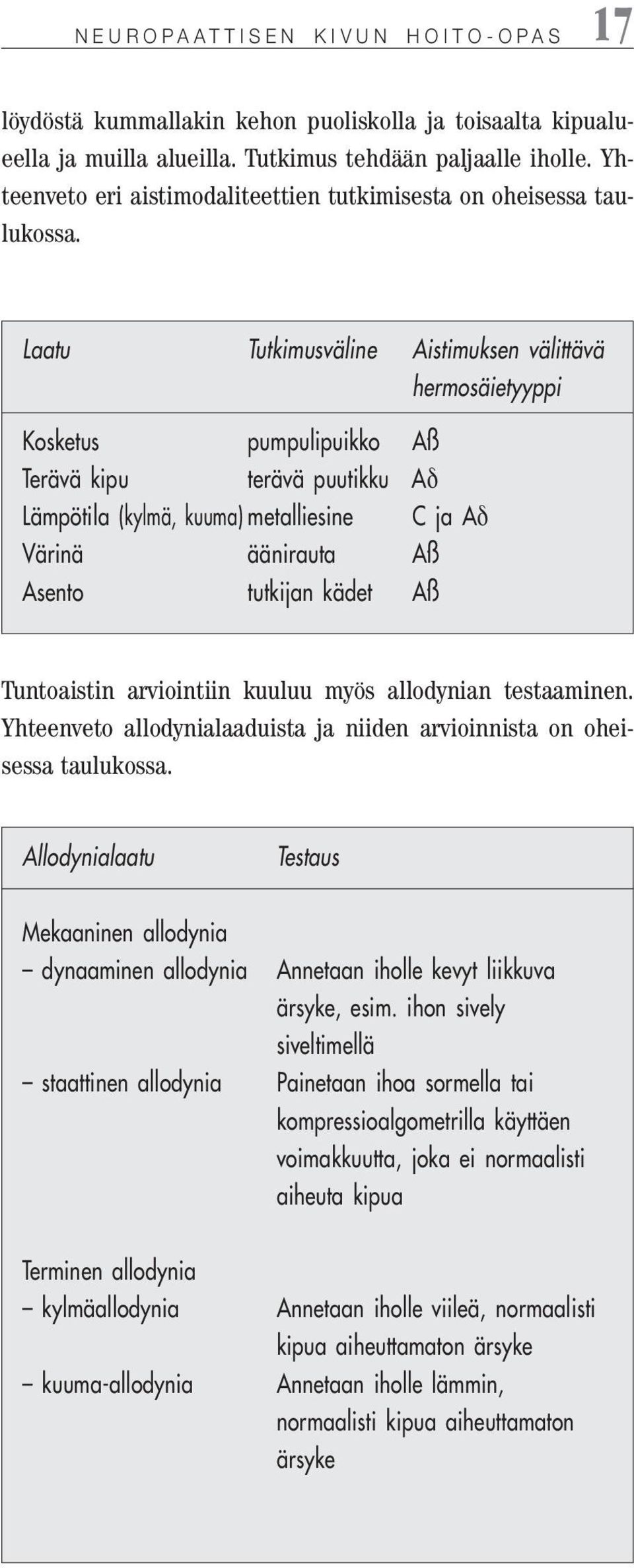 Laatu Tutkimusväline Aistimuksen välittävä hermosäietyyppi Kosketus pumpulipuikko Aß Terävä kipu terävä puutikku A Lämpötila (kylmä, kuuma) metalliesine C ja A Värinä äänirauta Aß Asento tutkijan