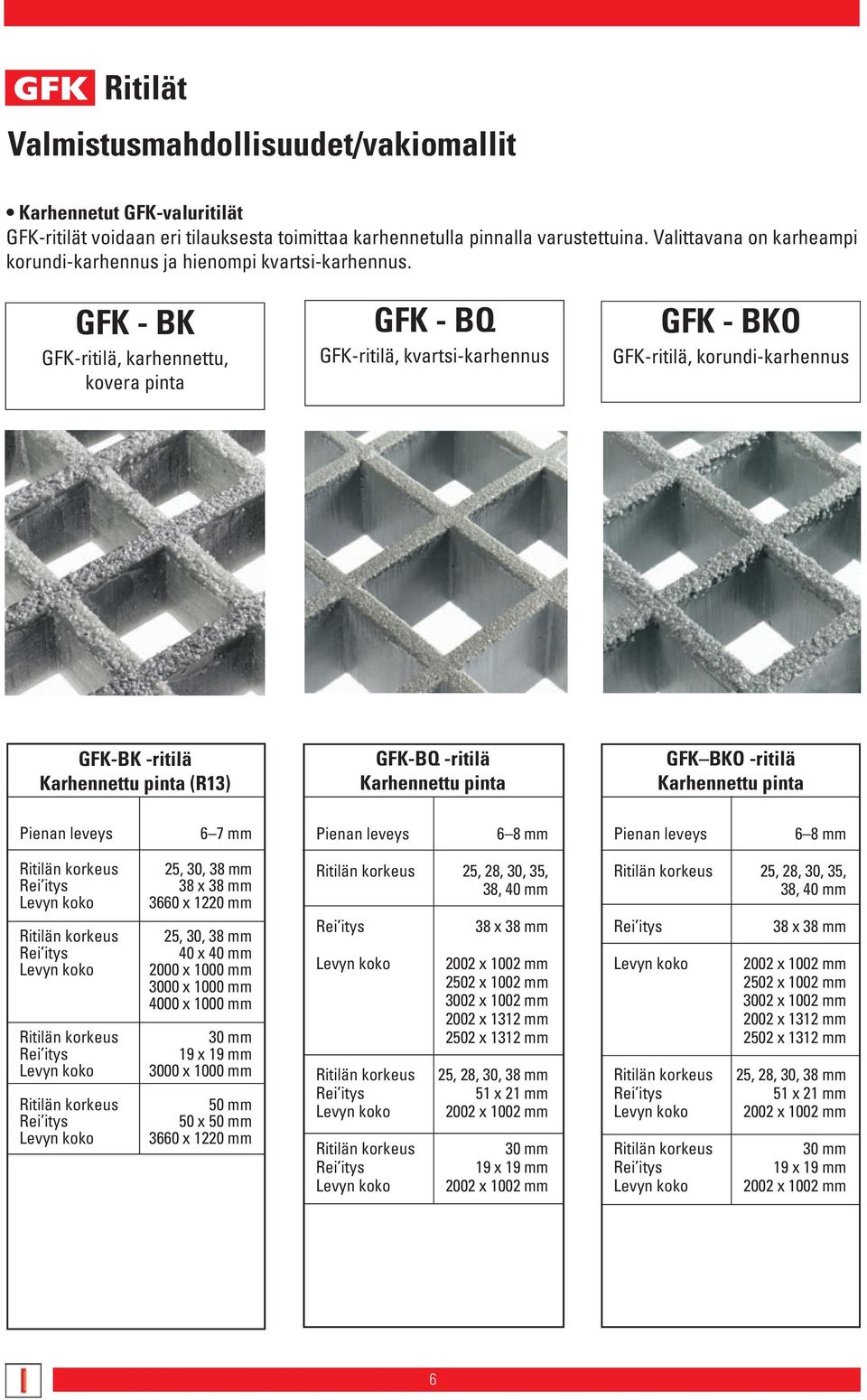 GFK - BK GFK-ritilä, karhennettu, kovera pinta GFK - BQ GFK-ritilä, kvartsi-karhennus GFK - BKO GFK-ritilä, korundi-karhennus GFK-BK -ritilä Karhennettu pinta (R13) GFK-BQ -ritilä Karhennettu pinta