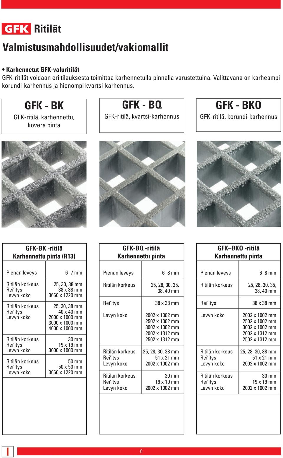 GFK - BK GFK-ritilä, karhennettu, kovera pinta GFK - BQ GFK-ritilä, kvartsi-karhennus GFK - BKO GFK-ritilä, korundi-karhennus GFK-BK -ritilä Karhennettu pinta (R13) GFK-BQ -ritilä Karhennettu pinta