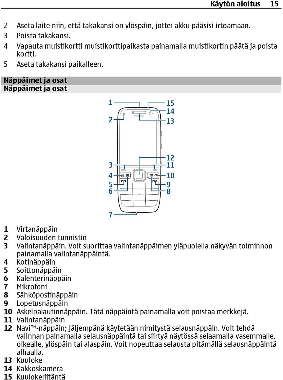 Näppäimet ja osat Näppäimet ja osat 1 Virtanäppäin 2 Valoisuuden tunnistin 3 Valintanäppäin. Voit suorittaa valintanäppäimen yläpuolella näkyvän toiminnon painamalla valintanäppäintä.