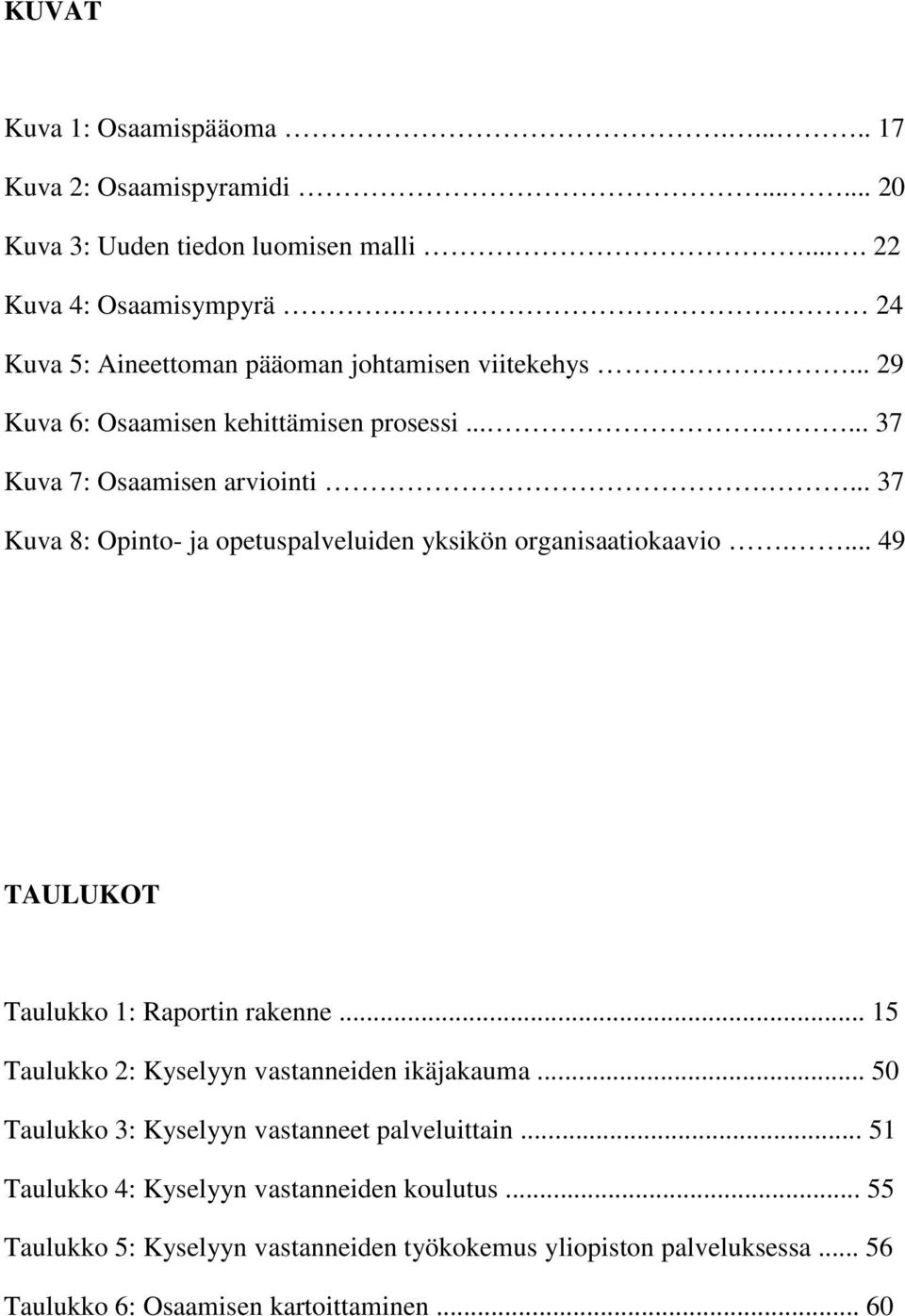 ... 37 Kuva 8: Opinto- ja opetuspalveluiden yksikön organisaatiokaavio.... 49 TAULUKOT Taulukko 1: Raportin rakenne... 15 Taulukko 2: Kyselyyn vastanneiden ikäjakauma.