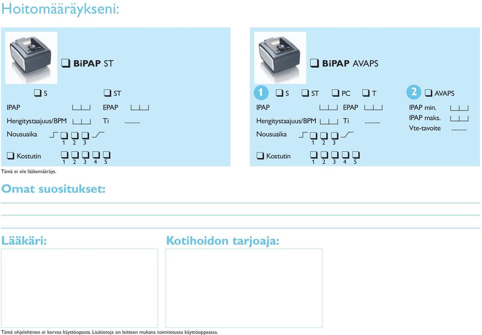 .. IPAP Hengitystaajuus/BPM Nousuaika Kostutin EPAP Ti... 1 2 3 1 2 3 4 5 IPAP min. IPAP maks.