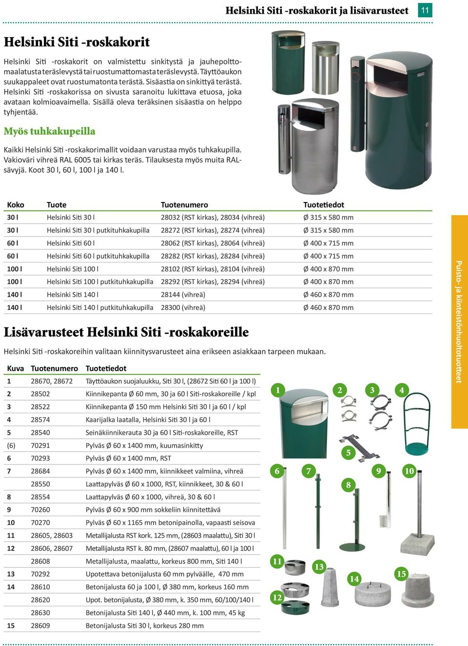 Sisällä oleva teräksinen sisäastia on helppo tyhjentää. Myös tuhkakupeilla Kaikki Helsinki Siti -roskakorimallit voidaan varustaa myös tuhkakupilla. Vakioväri vihreä RAL 6005 tai kirkas teräs.
