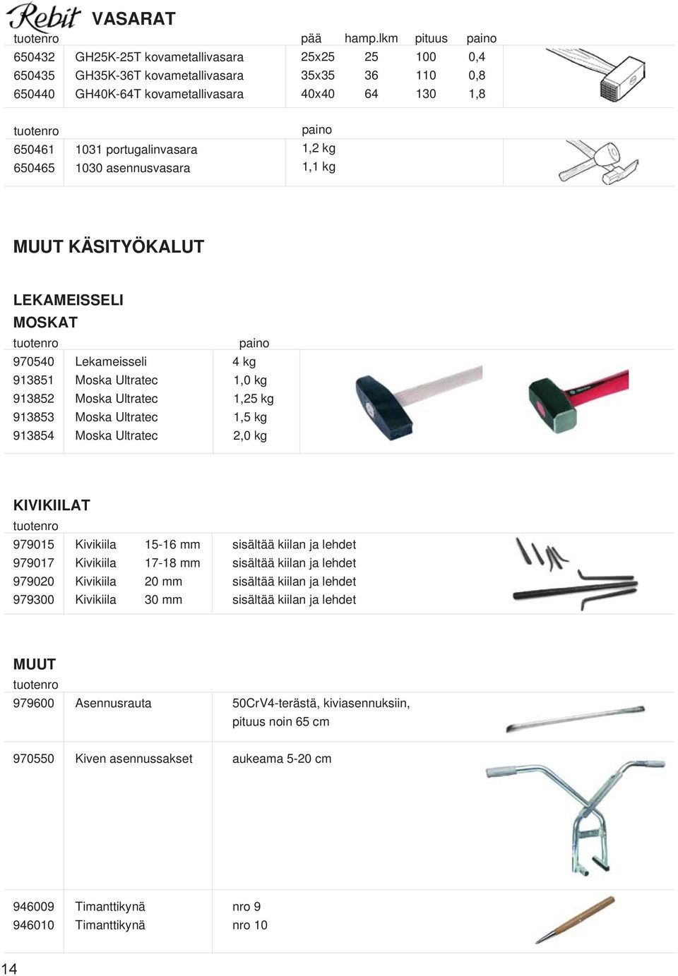 Lekameisseli 4 kg 913851 Moska Ultratec 1,0 kg 913852 Moska Ultratec 1,25 kg 913853 Moska Ultratec 1,5 kg 913854 Moska Ultratec 2,0 kg KIVIKIILAT 979015 Kivikiila 15-16 mm sisältää kiilan ja lehdet