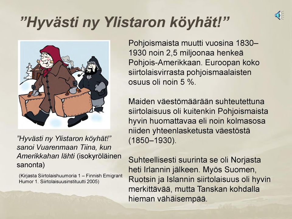 sanoi Vuarenmaan Tiina, kun Amerikkahan lähti (isokyröläinen sanonta) (Kirjasta Siirtolaishuumoria 1 Finnish Emigrant Humor 1.