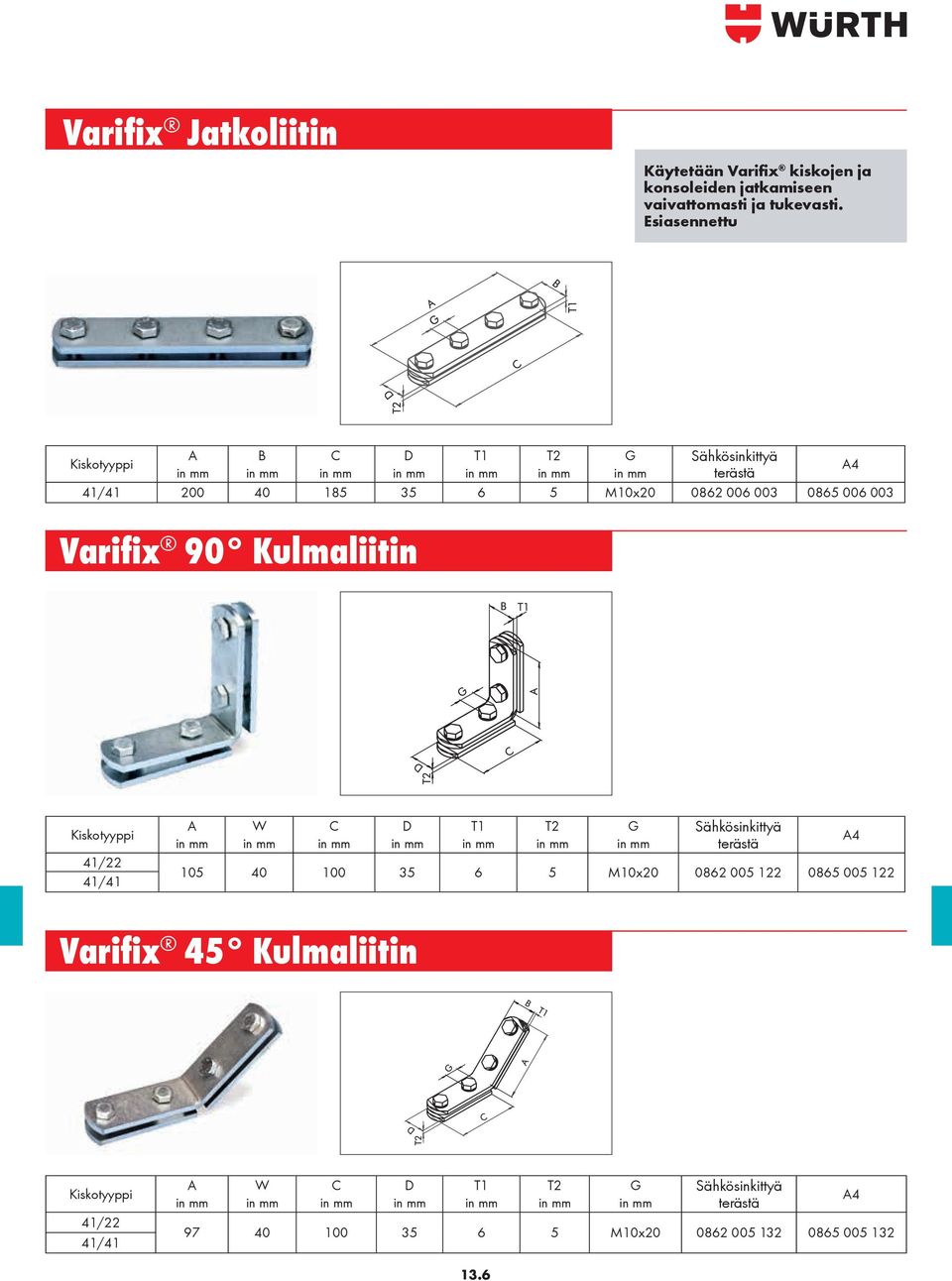 003 Varifix 90 Kulmaliitin Kiskotyyppi 41/22 41/41 A in W in C in D in T1 in T2 in G in Sähkösinkittyä terästä 105 40 100 35 6 5 M10x20 0862