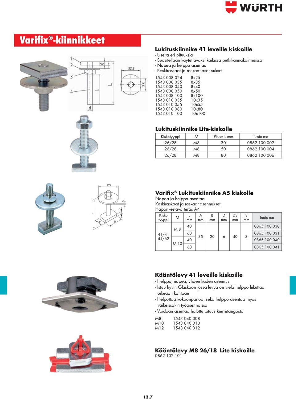 Lite-kiskolle Kiskotyyppi M Pituus L 26/28 M8 30 0862 100 002 26/28 M8 50 0862 100 004 26/28 M8 80 0862 100 006 Varifix Lukituskiinnike A5 kiskolle Nopea ja helppo asentaa Keskiraskaat ja raskaat