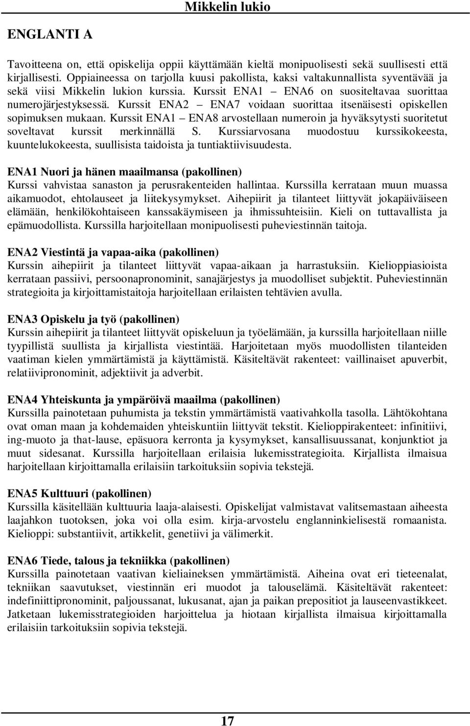 Kurssit ENA2 ENA7 voidaan suorittaa itsenäisesti opiskellen sopimuksen mukaan. Kurssit ENA1 ENA8 arvostellaan numeroin ja hyväksytysti suoritetut soveltavat kurssit merkinnällä S.