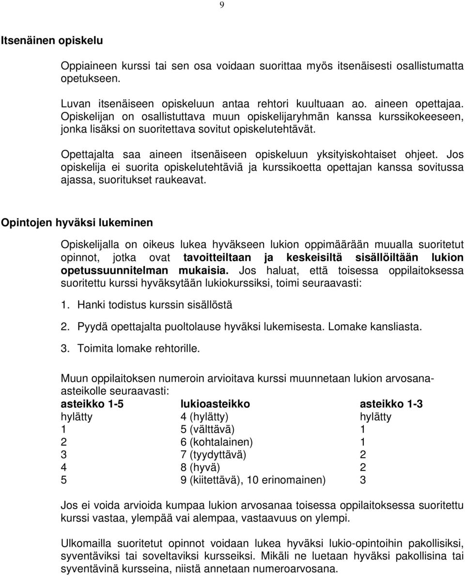 Opettajalta saa aineen itsenäiseen opiskeluun yksityiskohtaiset ohjeet. Jos opiskelija ei suorita opiskelutehtäviä ja kurssikoetta opettajan kanssa sovitussa ajassa, suoritukset raukeavat.