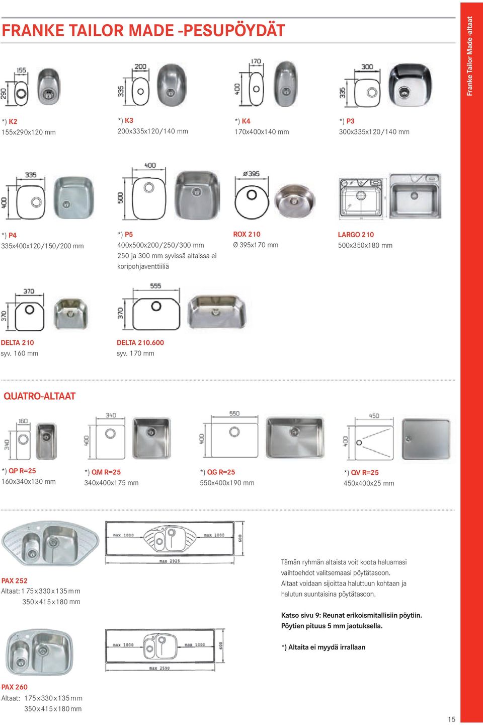 170 mm QUATRO-ALTAAT *) QP R=25 160x340x130 mm *) QM R=25 340x400x175 mm *) QG R=25 550x400x190 mm *) QV R=25 450x400x25 mm PAx 252 Altaat: 175 x 330 x 135 mm 350 x 415 x 180 mm Tämän ryhmän altaista
