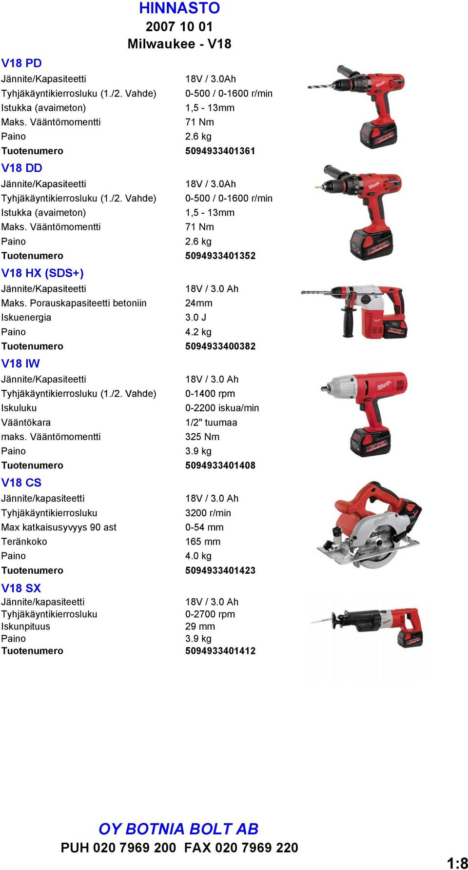 6 kg Tuotenumero 5094933401352 V18 HX (SDS+) Jännite/Kapasiteetti 18V/30Ah 3.0 Maks. Porauskapasiteetti betoniin 24mm Iskuenergia 3.0 J Paino 4.