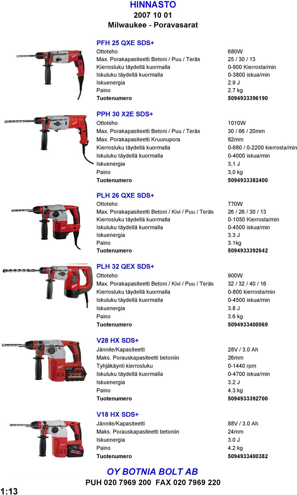 7 kg Tuotenumero 5094933396190 PPH 30 X2E SDS+ Ottoteho 1010W Max. Porakapasiteetti Betoni / Puu / Teräs 30 / 66 / 20mm Max.