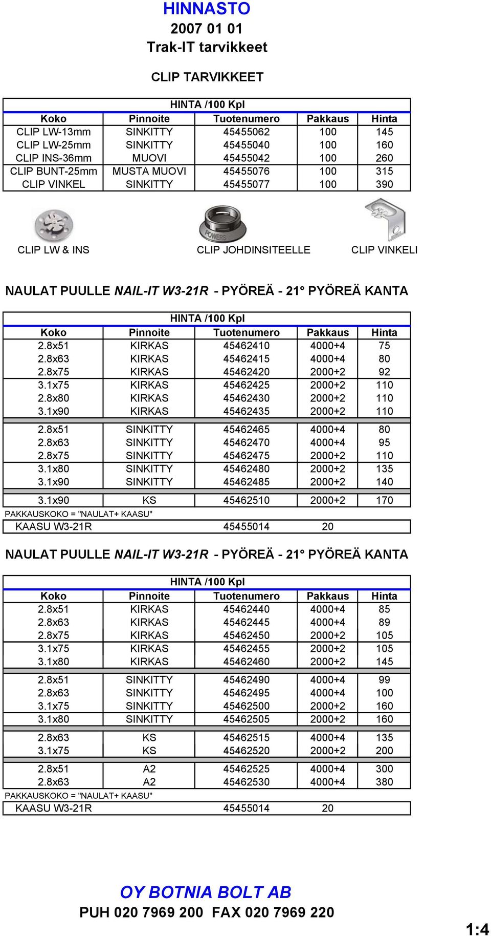 Pinnoite Tuotenumero Pakkaus Hinta 2.8x51 KIRKAS 45462410 4000+4 75 2.8x63 KIRKAS 45462415 4000+4 80 2.8x75 KIRKAS 45462420 2000+2 92 3.1x75 KIRKAS 45462425 2000+2 110 2.