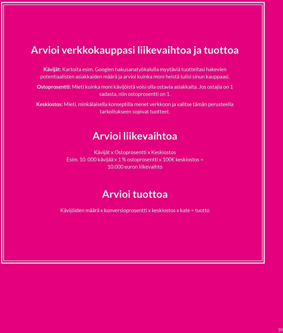 Ostoprosentti: Mieti kuinka moni kävijöistä voisi olla ostavia asiakkaita. Jos ostajia on 1 sadasta, niin ostoprosentti on 1.