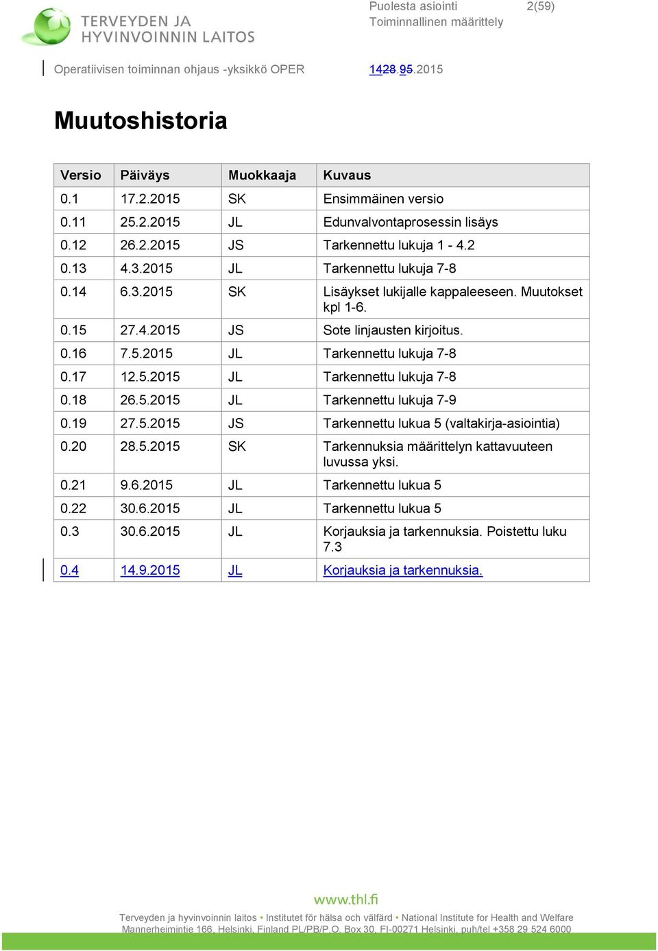 5.2015 JL Tarkennettu lukuja 7-8 0.17 12.5.2015 JL Tarkennettu lukuja 7-8 0.18 26.5.2015 JL Tarkennettu lukuja 7-9 0.19 27.5.2015 JS Tarkennettu lukua 5 (valtakirja-asiointia) 0.20 28.5.2015 SK Tarkennuksia määrittelyn kattavuuteen luvussa yksi.