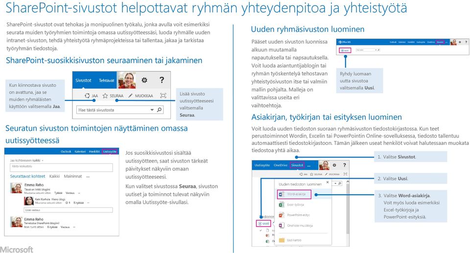 SharePoint-suosikkisivuston seuraaminen tai jakaminen Kun kiinnostava sivusto on avattuna, jaa se Lisää sivusto muiden ryhmäläisten uutissyötteeseesi käyttöön valitsemalla Jaa. valitsemalla Seuraa.