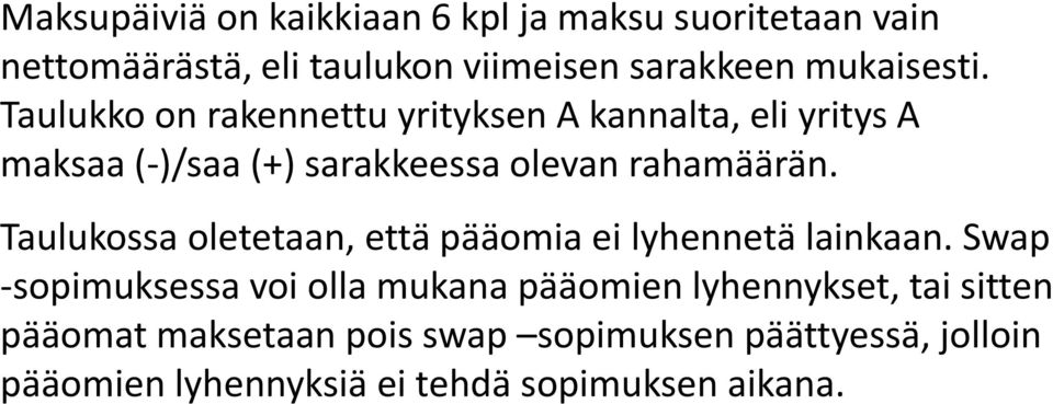 Taulukko on rakennettu yrityksen A kannalta, eli yritys A maksaa (-)/saa (+) sarakkeessa olevan rahamäärän.