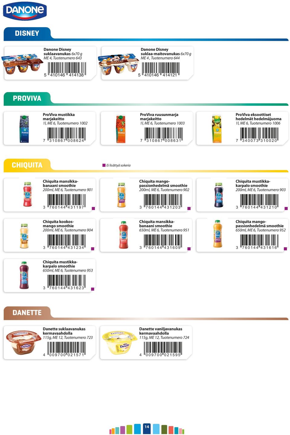 7 3 4 0 0 7 3 3 1 0 0 2 0 CHIQUITA Ei lisättyä sokeria Chiquita mansikkabanaani smoothie 200ml, ME 6, Tuotenumero 901 Chiquita mangopassionhedelmä smoothie 200ml, ME 6, Tuotenumero 902 Chiquita