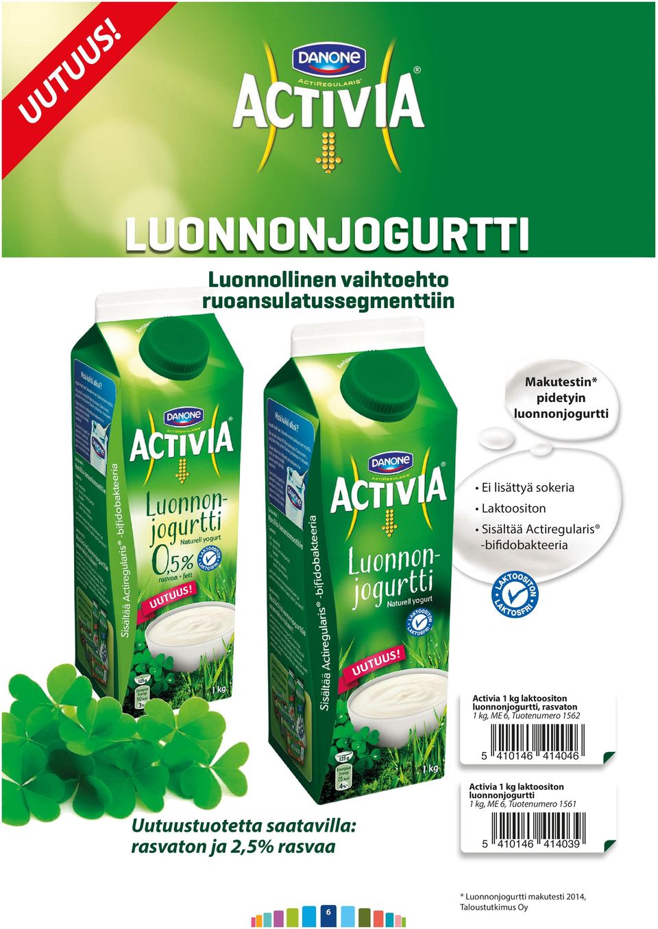 kg, ME 6, Tuotenumero 162 410146 414046 Activia 1 kg laktoositon luonnonjogurtti 1 kg, ME 6, Tuotenumero 161