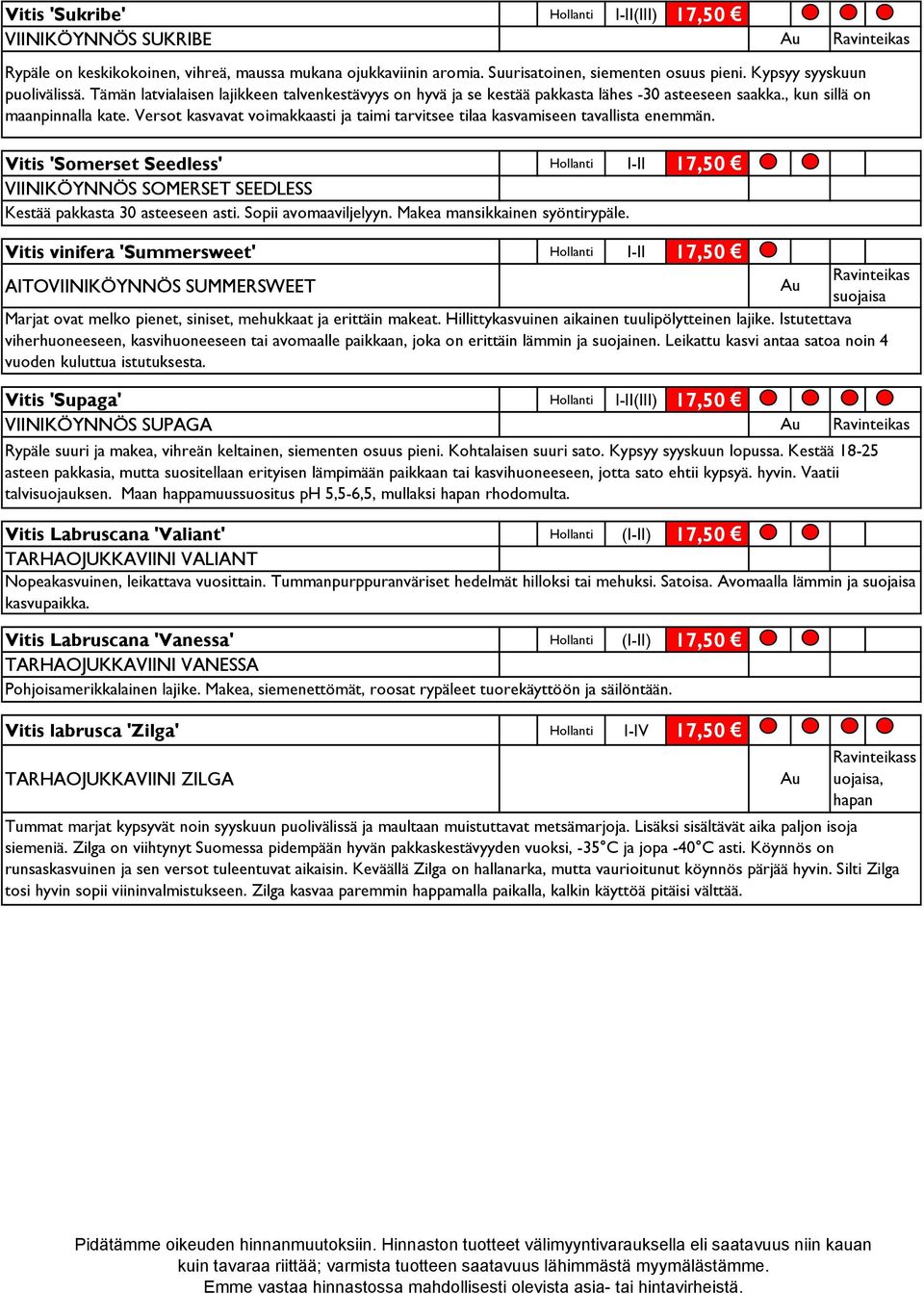 Verot kavavat voimakkaati ja taimi tarvitee tilaa kavamieen tavallita enemmän. Viti 'Someret Seedle' Hollanti I-II 17,50 VIINIKÖYNNÖS SOMERSET SEEDLESS Ketää pakkata 30 ateeeen ati.