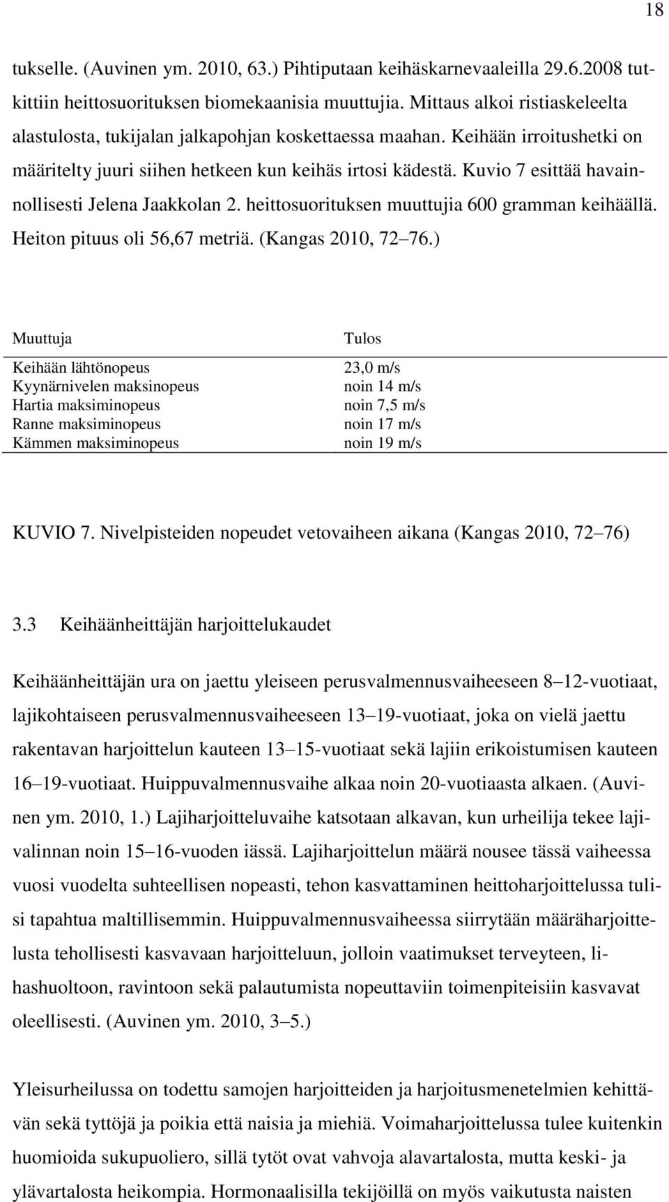 Kuvio 7 esittää havainnollisesti Jelena Jaakkolan 2. heittosuorituksen muuttujia 600 gramman keihäällä. Heiton pituus oli 56,67 metriä. (Kangas 2010, 72 76.