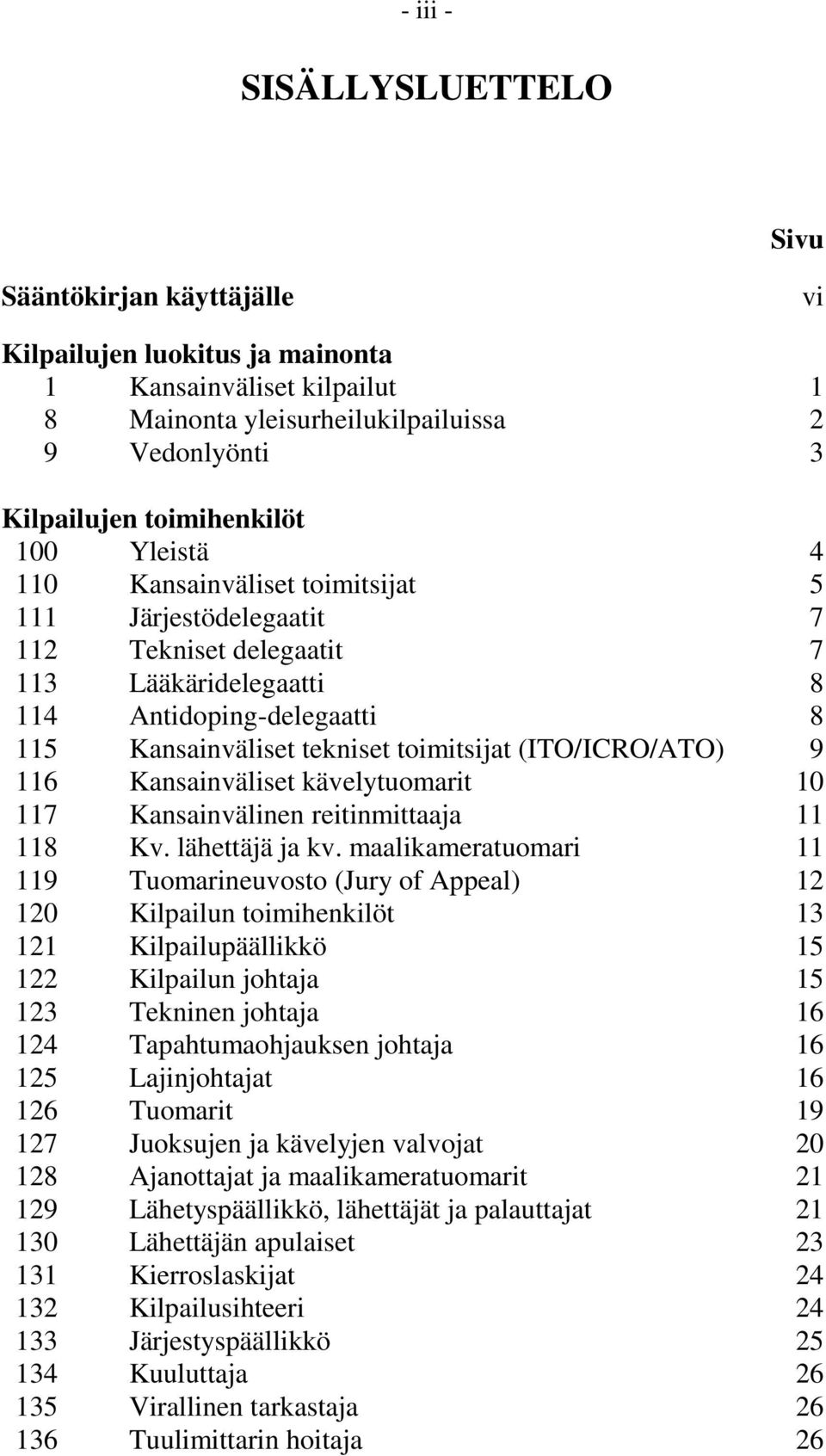 (ITO/ICRO/ATO) 9 116 Kansainväliset kävelytuomarit 10 117 Kansainvälinen reitinmittaaja 11 118 Kv. lähettäjä ja kv.