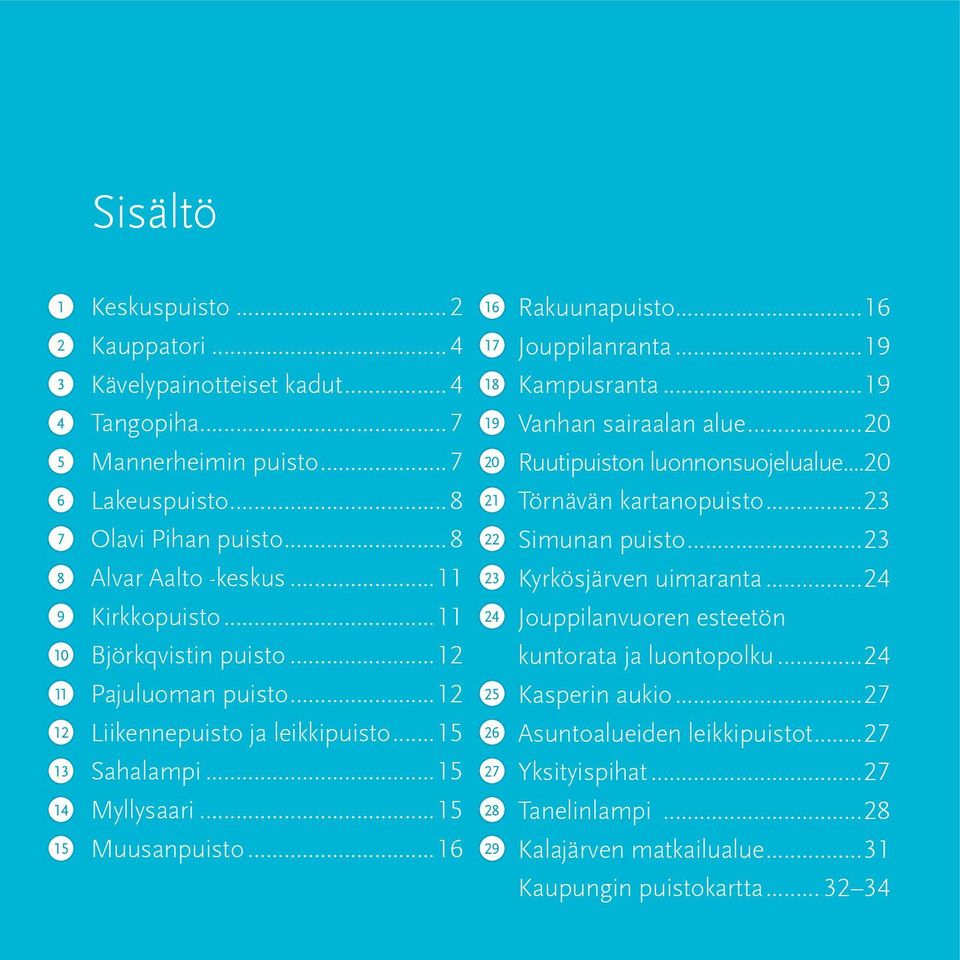 ..16 15 29 Rakuunapuisto...16 Jouppilanranta...19 Kampusranta...19 Vanhan sairaalan alue...20 Ruutipuiston luonnonsuojelualue...20 Törnävän kartanopuisto...23 Simunan puisto...23 Kyrkösjärven uimaranta.