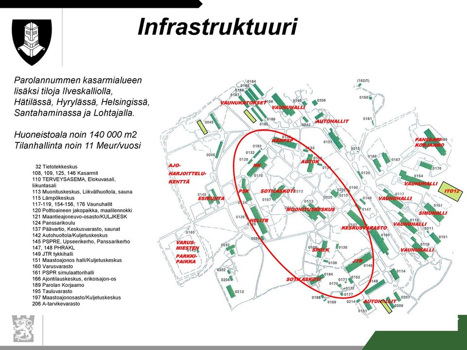 Elokuvasali, liikuntasali 113 Muonituskeskus, Liikvälhuoltola, sauna 115 Lämpökeskus 117-119, 154-156, 176 Vaunuhallit 120 Polttoaineen jakopaikka, maalilennokki 121 Maantieajoneuvo-osasto/KULJKESK