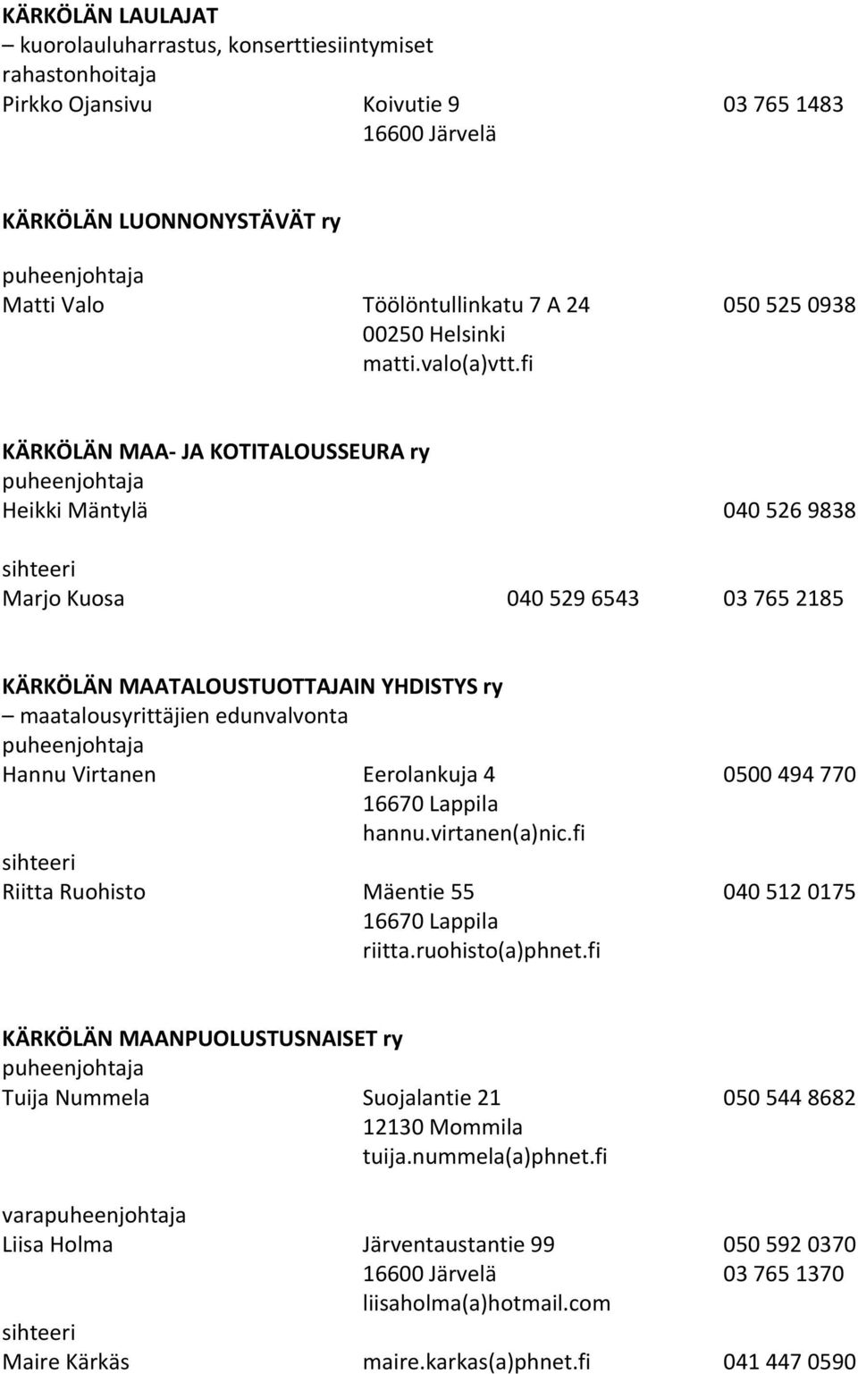 fi KÄRKÖLÄN MAA JA KOTITALOUSSEURA ry Heikki Mäntylä 040 526 9838 Marjo Kuosa 040 529 6543 03 765 2185 KÄRKÖLÄN MAATALOUSTUOTTAJAIN YHDISTYS ry maatalousyrittäjien edunvalvonta Hannu Virtanen