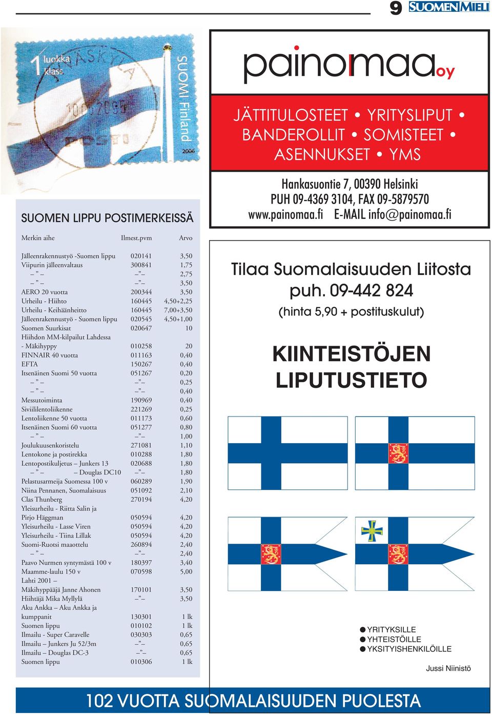 7,00+3,50 Jälleenrakennustyö - Suomen lippu 020545 4,50+1,00 Suomen Suurkisat 020647 10 Hiihdon MM-kilpailut Lahdessa - Mäkihyppy 010258 20 FINNAIR 40 vuotta 011163 0,40 EFTA 150267 0,40 Itsenäinen