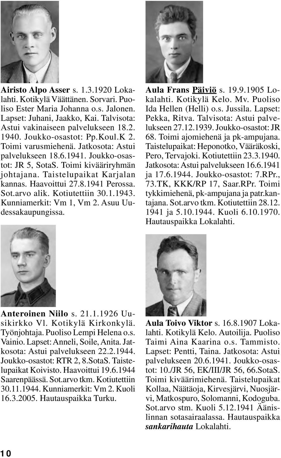 Sot.arvo alik. Kotiutettiin 30.1.1943. Kunniamerkit: Vm 1, Vm 2. Asuu Uudessakaupungissa. Aula Frans Päiviö s. 19.9.1905 Kotikylä Kelo. Mv. Puoliso Ida Hellen (Helli) o.s. Jussila.