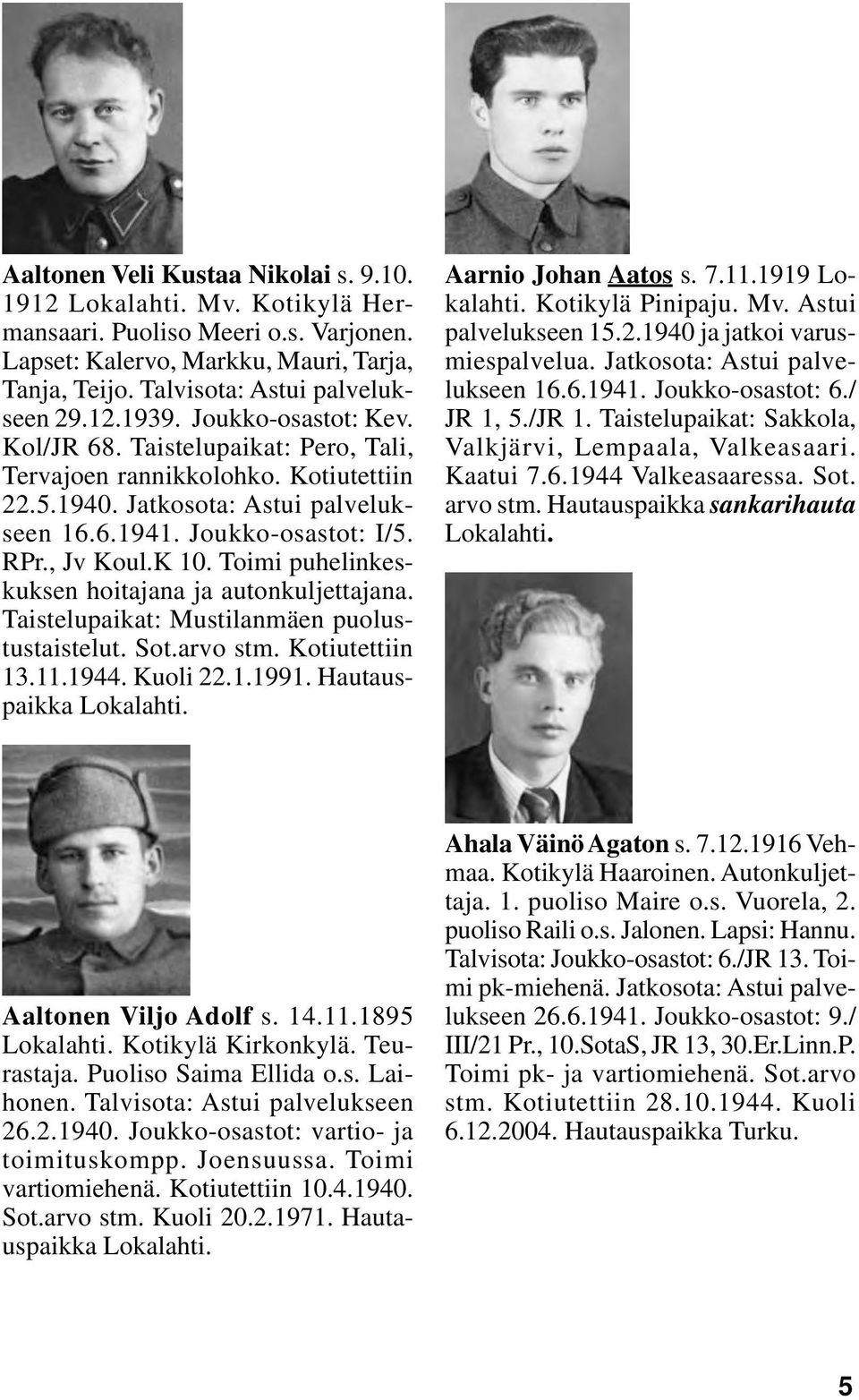 Toimi puhelinkeskuksen hoitajana ja autonkuljettajana. Taistelupaikat: Mustilanmäen puolustustaistelut. Sot.arvo stm. Kotiutettiin 13.11.1944. Kuoli 22.1.1991. Hautauspaikka Aarnio Johan Aatos s. 7.