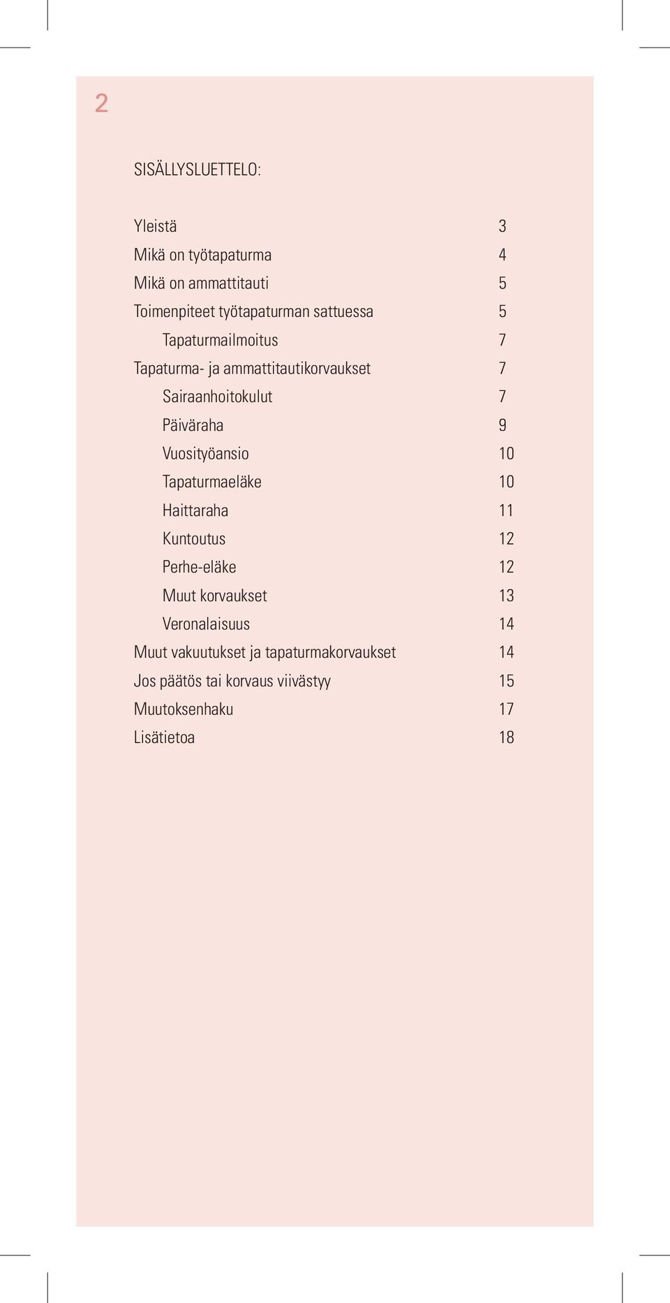 Vuosityöansio 10 Tapaturmaeläke 10 Haittaraha 11 Kuntoutus 12 Perhe-eläke 12 Muut korvaukset 13